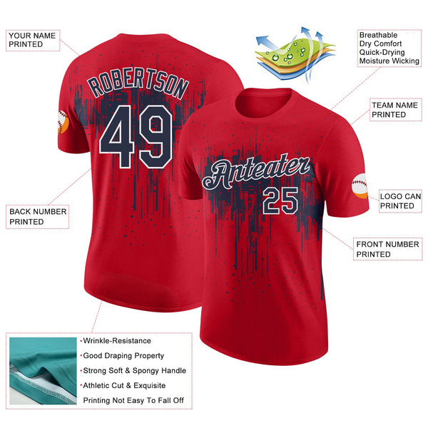 Custom Red Navy-White Dripping Splatter Paint Performance T-Shirt alternate