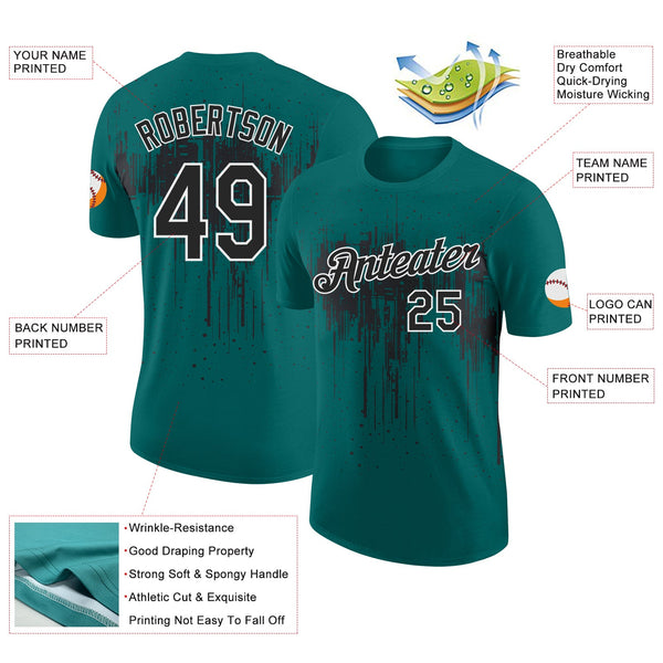 Custom Teal Black-White Dripping Splatter Paint Performance T-Shirt alternate