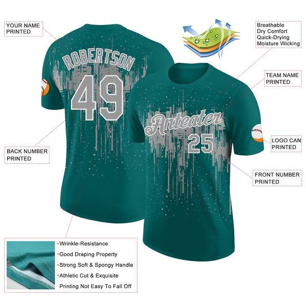 Custom Teal Gray-White Dripping Splatter Paint Performance T-Shirt alternate