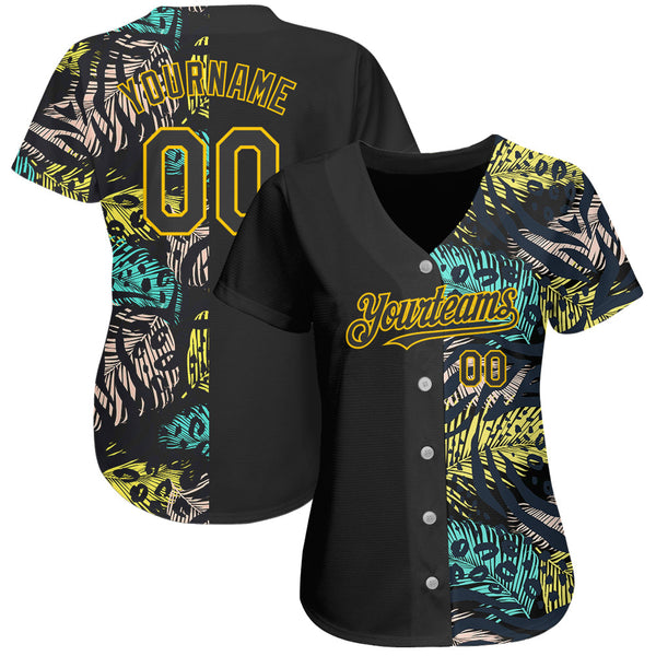 Custom Black Yellow 3D Pattern Design Hawaii Tropical Palm Leaves With Animal Print Authentic Baseball Jersey alternate