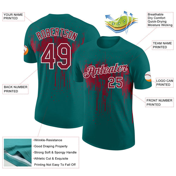 Custom Teal Crimson-White Dripping Splatter Paint Performance T-Shirt alternate