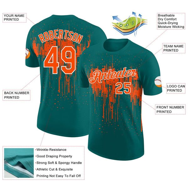 Custom Teal Orange-White Dripping Splatter Paint Performance T-Shirt alternate