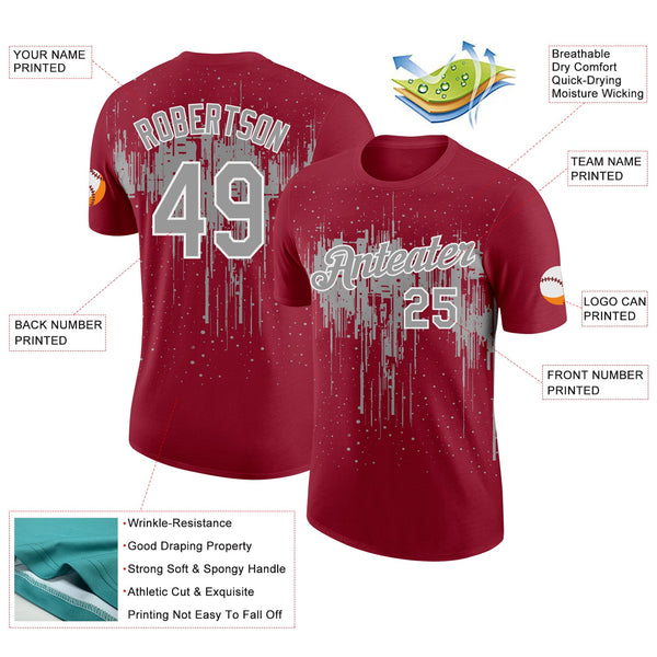 Custom Crimson Gray-White Dripping Splatter Paint Performance T-Shirt alternate