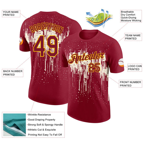Custom Crimson Cream-Yellow Dripping Splatter Paint Performance T-Shirt alternate