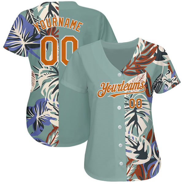 Custom Teal Texas Orange-White 3D Pattern Design Hawaii Tropical Palm Leaves Authentic Baseball Jersey alternate