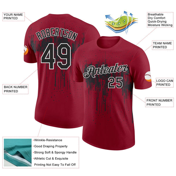 Custom Crimson Black-White Dripping Splatter Paint Performance T-Shirt alternate