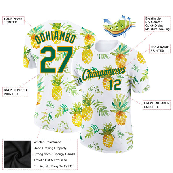 Custom White Kelly Green-Gold 3D Pattern Design Pineapples Performance T-Shirt alternate