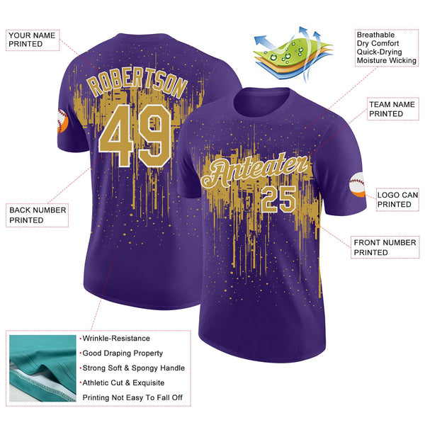 Custom Purple Old Gold-White Dripping Splatter Paint Performance T-Shirt alternate