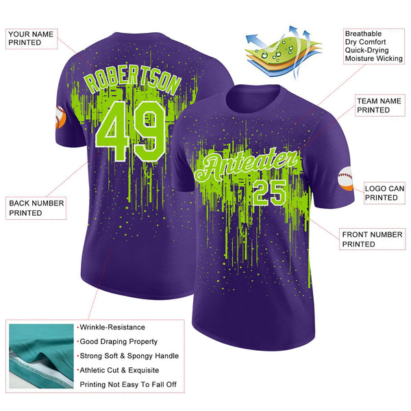 Custom Purple Neon Green-White Dripping Splatter Paint Performance T-Shirt alternate