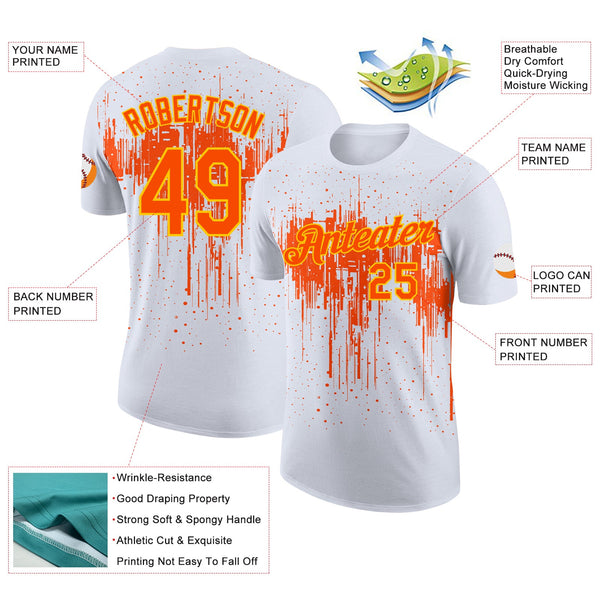 Custom White Orange-Yellow Dripping Splatter Paint Performance T-Shirt alternate