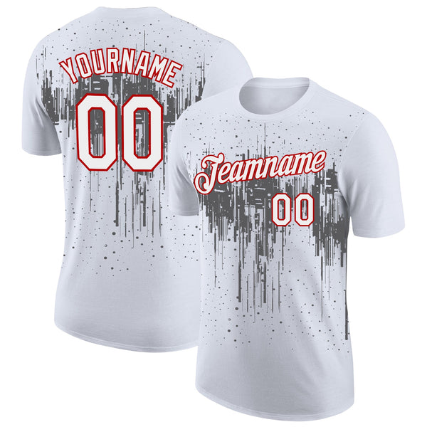 Custom White Steel Gray-Red Dripping Splatter Paint Performance T-Shirt