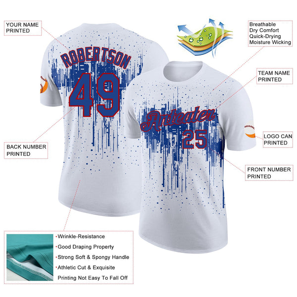 Custom White Royal-Red Dripping Splatter Paint Performance T-Shirt alternate