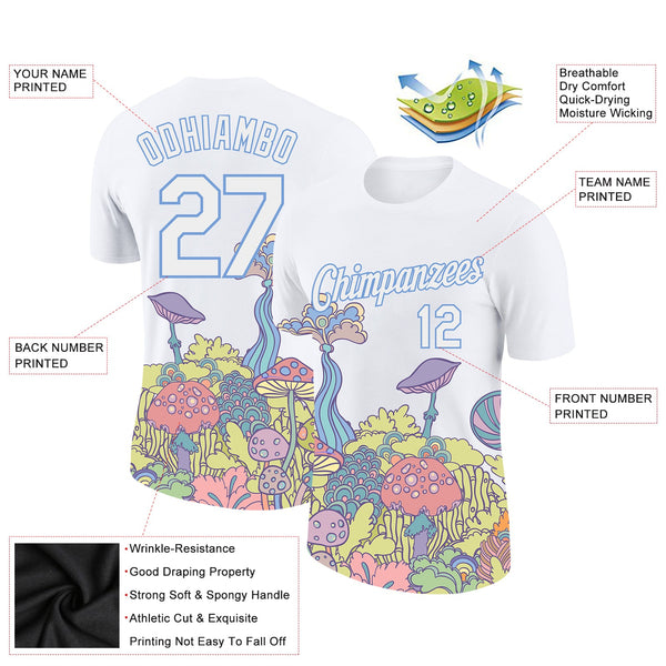 Custom White Light Blue 3D Pattern Design Colorful Flowers And Mushrooms Psychedelic Hallucination Performance T-Shirt alternate