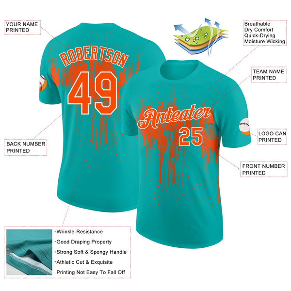 Custom Aqua Orange-White Dripping Splatter Paint Performance T-Shirt alternate