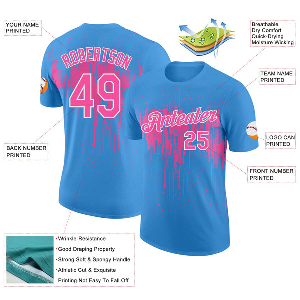 Custom Powder Blue Pink-White Dripping Splatter Paint Performance T-Shirt alternate