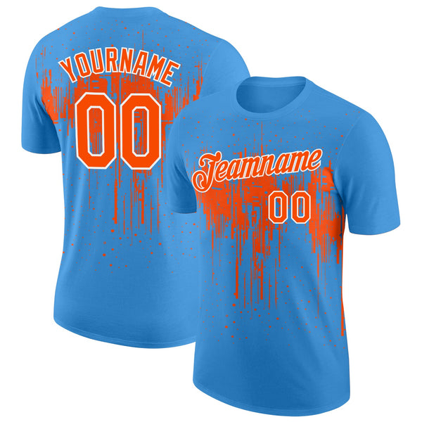 Custom Powder Blue Orange-White Dripping Splatter Paint Performance T-Shirt