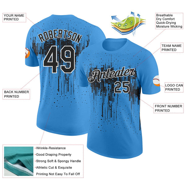 Custom Powder Blue Black-White Dripping Splatter Paint Performance T-Shirt alternate