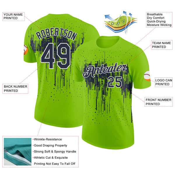 Custom Neon Green Navy-White Dripping Splatter Paint Performance T-Shirt alternate