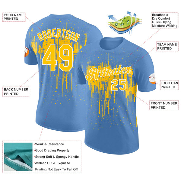Custom Light Blue Yellow-White Dripping Splatter Paint Performance T-Shirt alternate