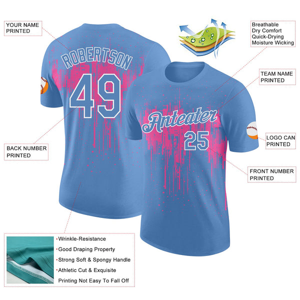 Custom Light Blue Pink-White Dripping Splatter Paint Performance T-Shirt alternate