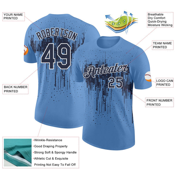Custom Light Blue Navy-White Dripping Splatter Paint Performance T-Shirt alternate