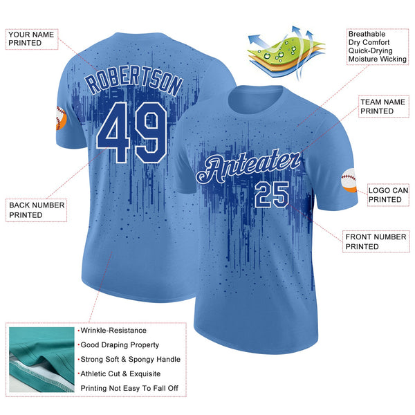 Custom Light Blue Royal-White Dripping Splatter Paint Performance T-Shirt alternate