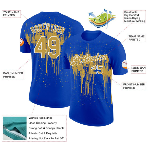 Custom Thunder Blue Old Gold-White Dripping Splatter Paint Performance T-Shirt alternate