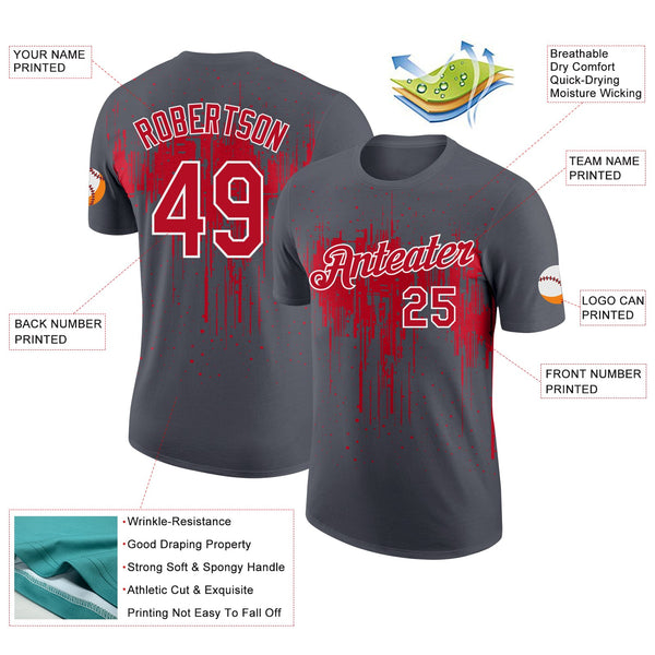 Custom Steel Gray Red-White Dripping Splatter Paint Performance T-Shirt alternate