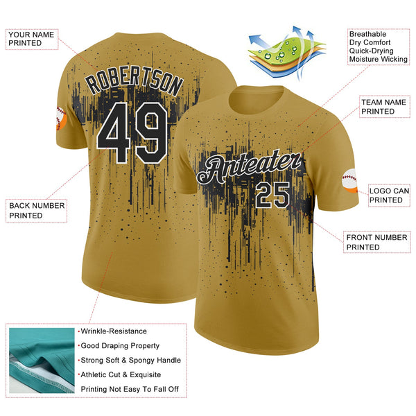 Custom Old Gold Black-White Dripping Splatter Paint Performance T-Shirt alternate