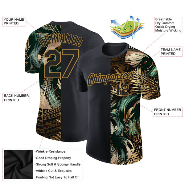 Custom Black Old Gold 3D Pattern Design Golden And Green Tropical Leaves In The Style Of Jungle And Hawaii Performance T-Shirt alternate