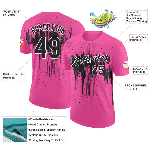 Custom Pink Black-White Dripping Splatter Paint Performance T-Shirt alternate