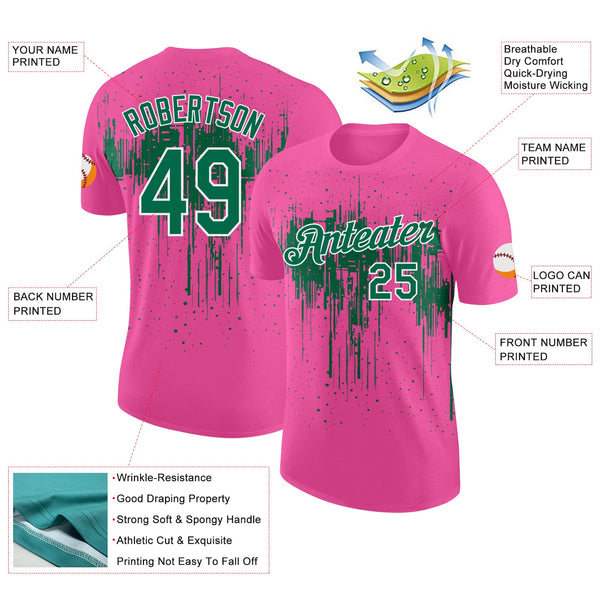 Custom Pink Kelly Green-White Dripping Splatter Paint Performance T-Shirt alternate