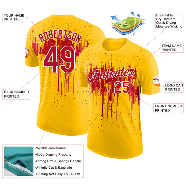 Custom Yellow Red-White Dripping Splatter Paint Performance T-Shirt alternate