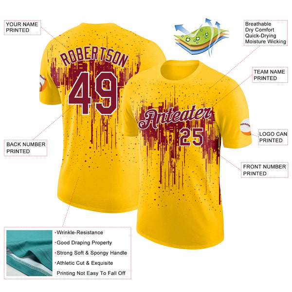 Custom Yellow Crimson-White Dripping Splatter Paint Performance T-Shirt alternate