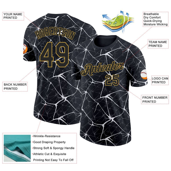 Custom Black White Gray-Old Gold Abstract Network Crackle Performance T-Shirt alternate
