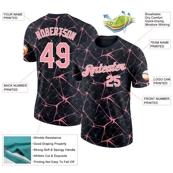 Custom Black Medium Pink Gray-White Abstract Network Crackle Performance T-Shirt alternate