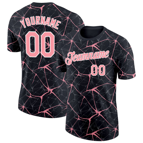 Custom Black Medium Pink Gray-White Abstract Network Crackle Performance T-Shirt