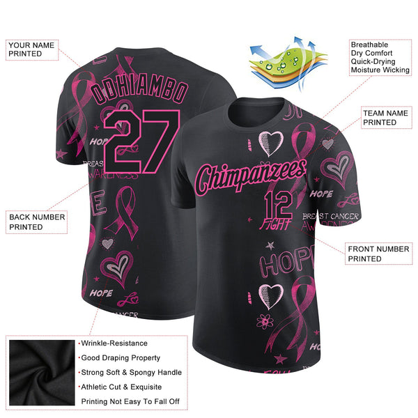 Custom Black Pink 3D Pattern Design Pink Ribbon Breast Cancer Awareness Month Women Health Care Support Performance T-Shirt alternate
