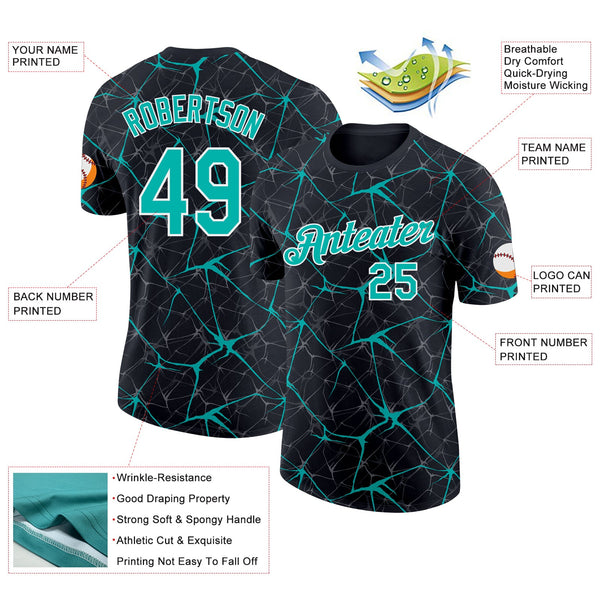 Custom Black Aqua Gray-White Abstract Network Crackle Performance T-Shirt alternate