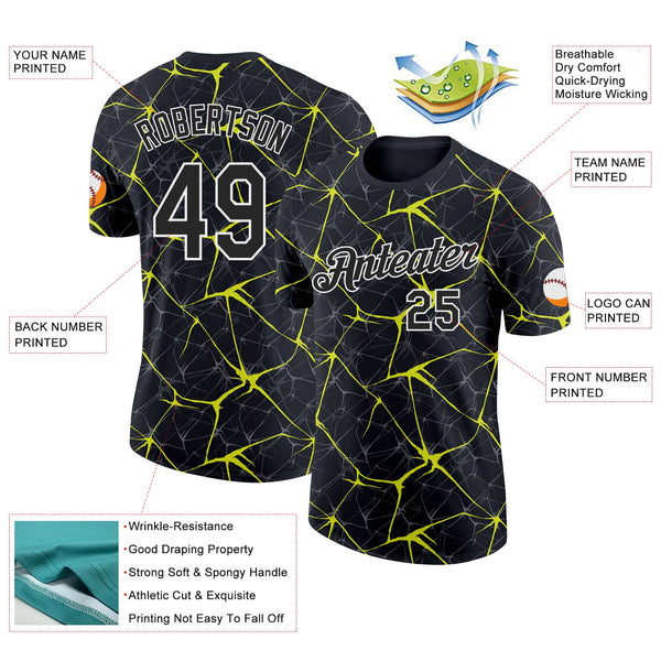 Custom Black Neon Yellow Gray-White Abstract Network Crackle Performance T-Shirt alternate