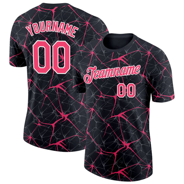 Custom Black Neon Pink Gray-White Abstract Network Crackle Performance T-Shirt