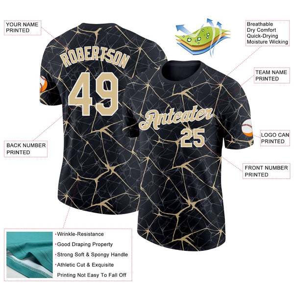 Custom Black Vegas Gold Gray-White Abstract Network Crackle Performance T-Shirt alternate