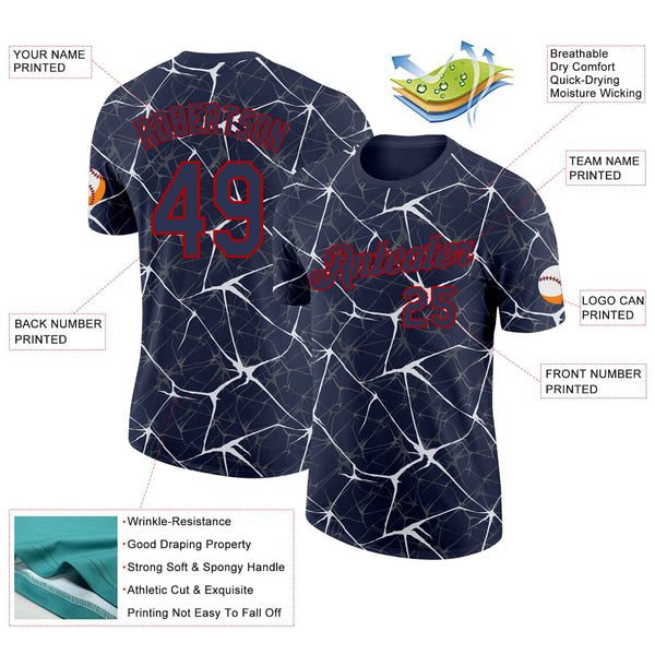 Custom Navy White Gray-Red Abstract Network Crackle Performance T-Shirt alternate
