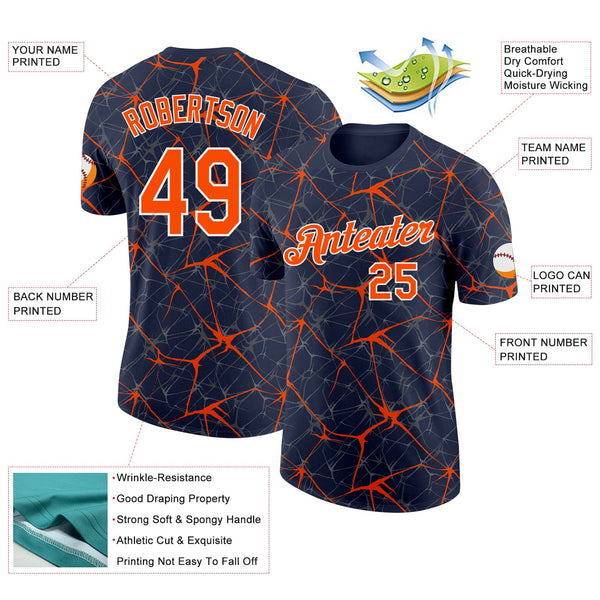 Custom Navy Orange Gray-White Abstract Network Crackle Performance T-Shirt alternate