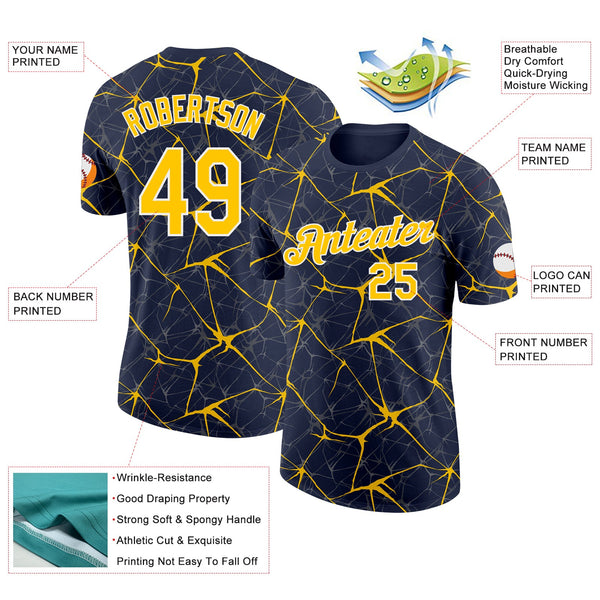 Custom Navy Yellow Gray-White Abstract Network Crackle Performance T-Shirt alternate