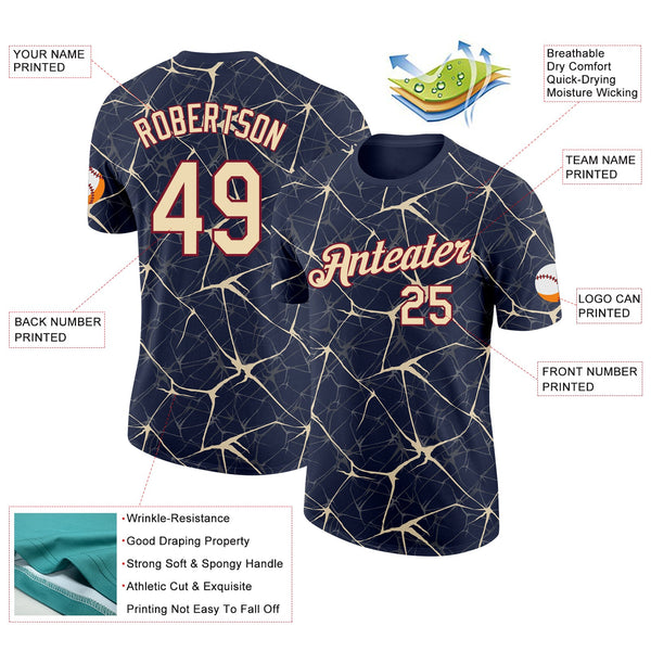 Custom Navy Cream Gray-Crimson Abstract Network Crackle Performance T-Shirt alternate