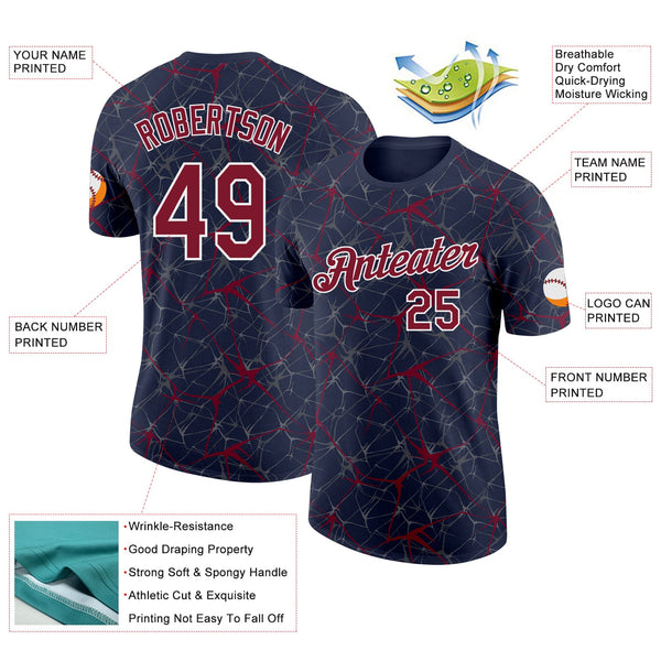 Custom Navy Crimson Gray-White Abstract Network Crackle Performance T-Shirt alternate