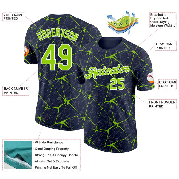 Custom Navy Neon Green Gray-White Abstract Network Crackle Performance T-Shirt alternate