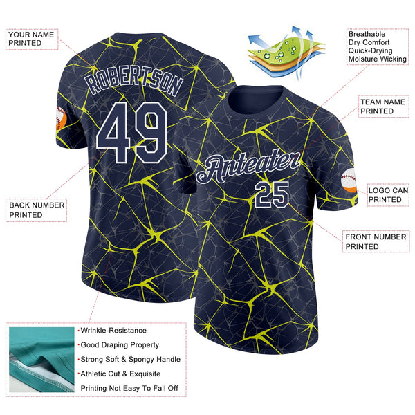 Custom Navy Neon Yellow Gray-White Abstract Network Crackle Performance T-Shirt alternate
