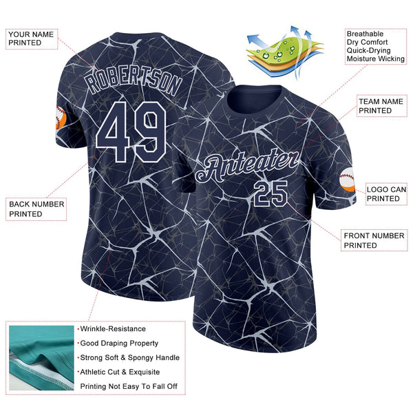 Custom Navy Silver Gray-White Abstract Network Crackle Performance T-Shirt alternate